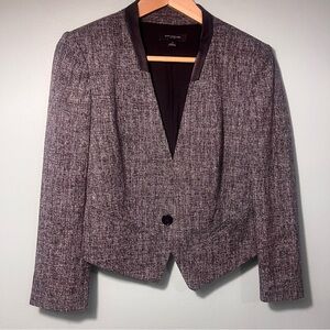 Gray Tweed Cropped Blazer Work Jacket Black faux Leather Trim Career size 2 NWOT
